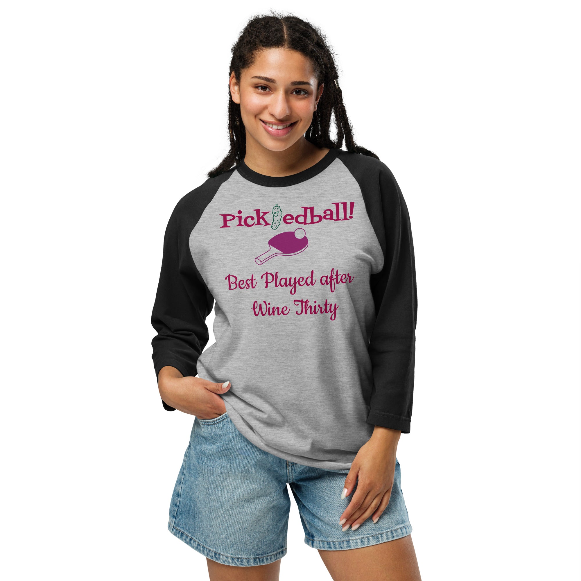 Women’s raglan-style shirt with wine-themed pickleball slogan ‘Pickledball! Best Played after Wine Thirty’—features pink paddle and ball graphic, lightweight fit, perfect for tipsy matches and spirited rallies.”

