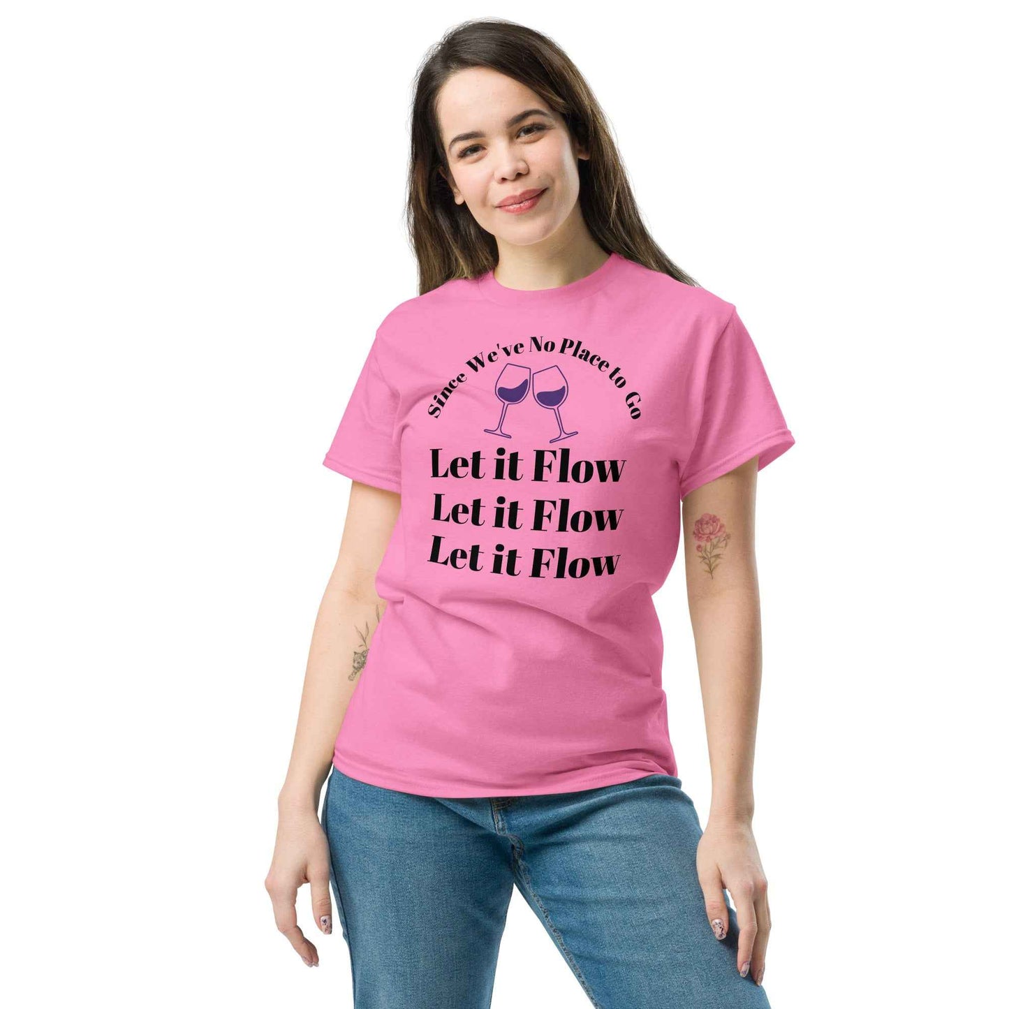 White holiday t-shirt with the phrase ‘Since we’ve nowhere to go… Let it flow, let it flow, let it flow’ printed in festive script. A cozy nod to winter wine rituals and Missouri resilience