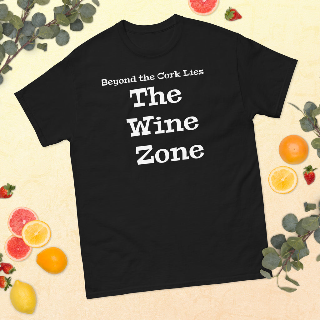 Vintage-style shirt with gothic lettering: ‘Beyond the Cork Lies The Wine Zone’—a snarky nod to wine lovers and truth seekers.