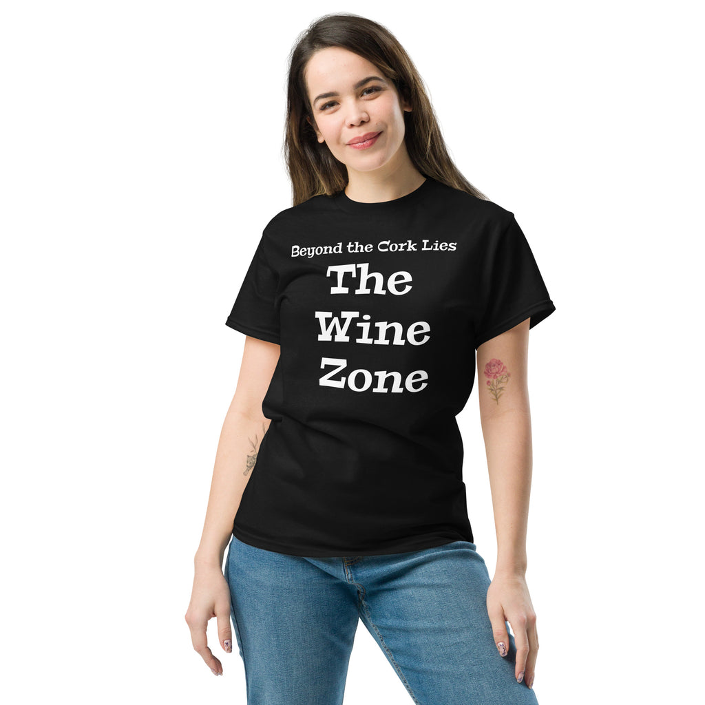 Vintage-style shirt with gothic lettering: ‘Beyond the Cork Lies The Wine Zone’—a snarky nod to wine lovers and truth seekers.