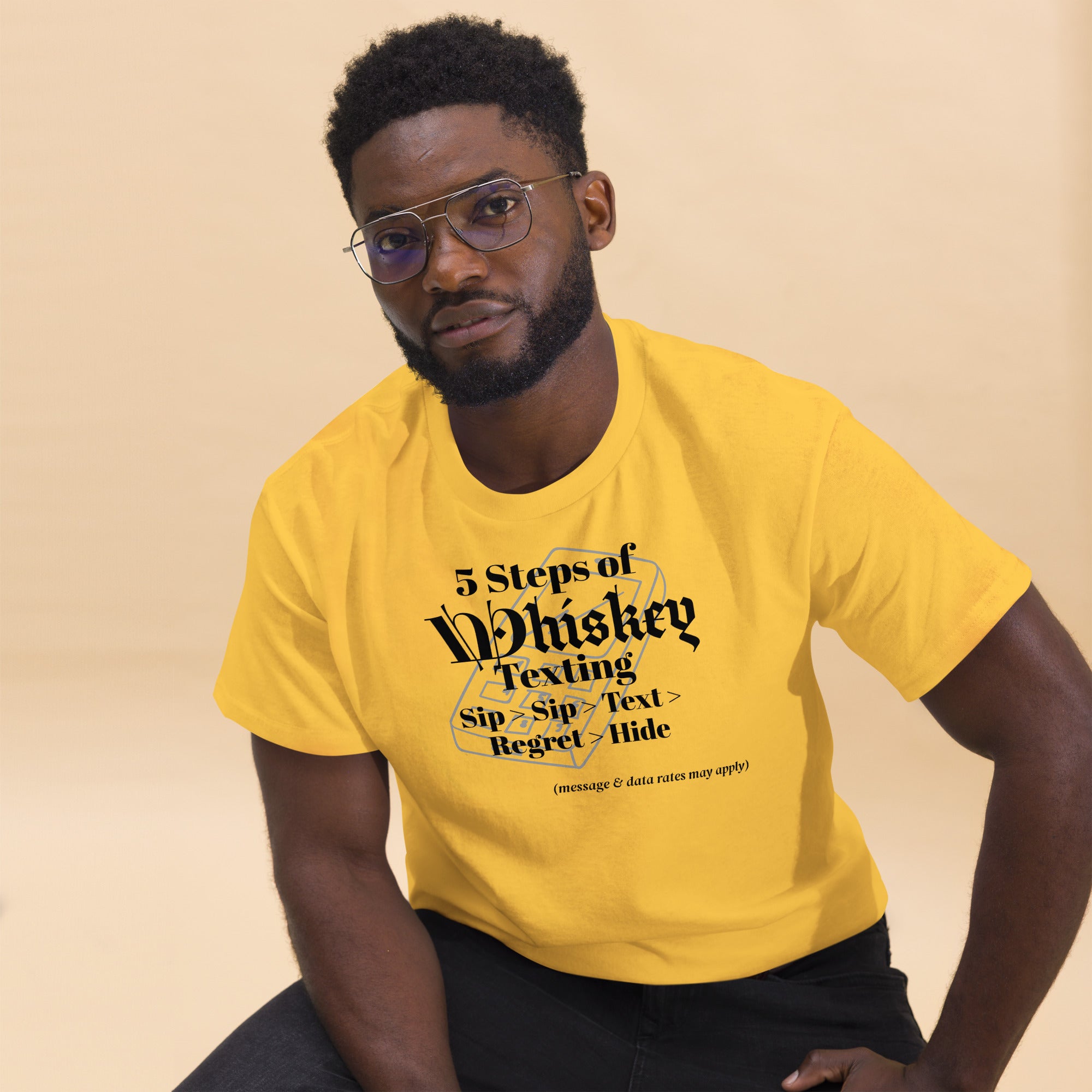 Yellow T-shirt with black text that reads: “In Vino Veritas Texting — Seemed like a good idea at 12:55 AM. Reply STOP to end the drama.” A humorous design blending wine wisdom with late-night texting culture.