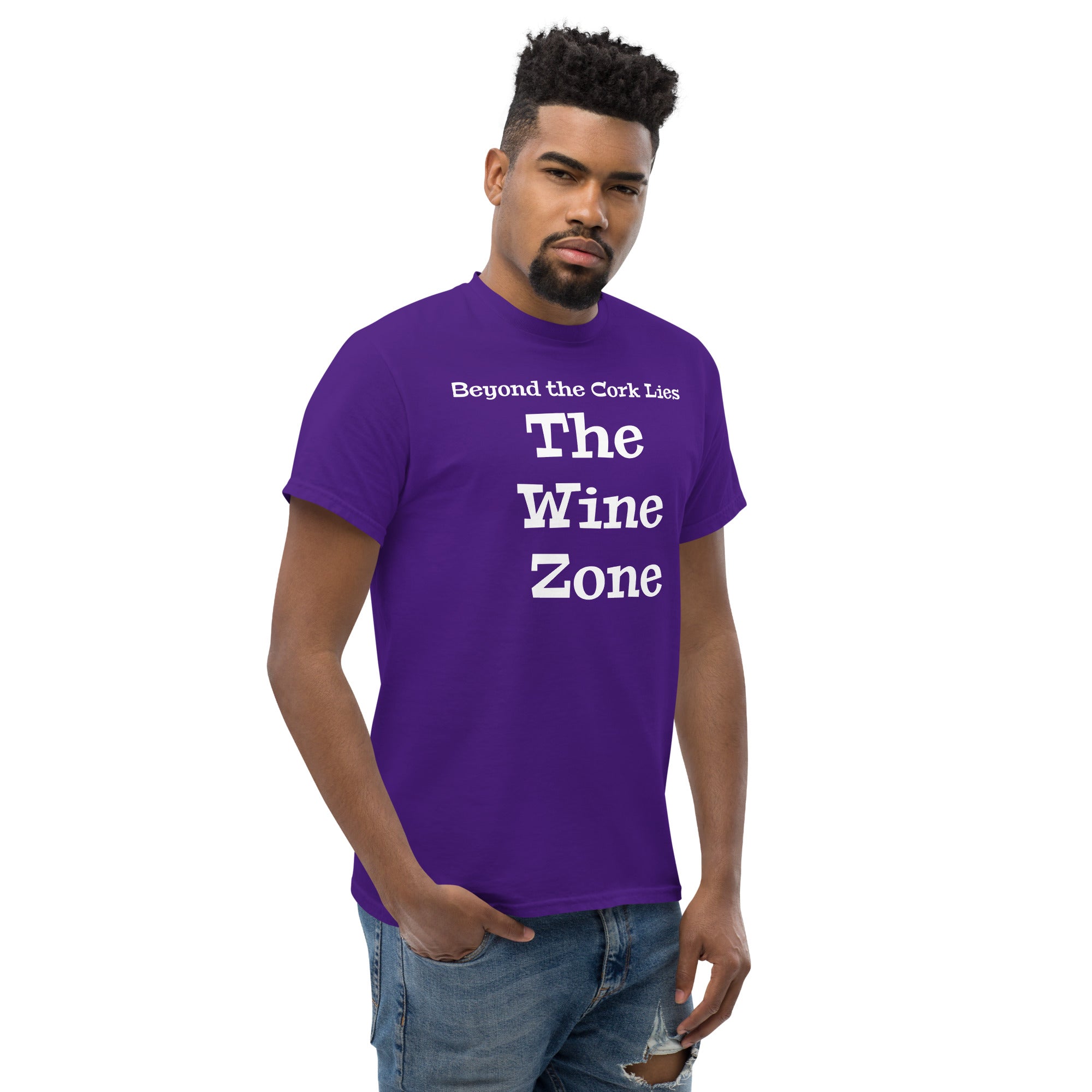 Vintage-style shirt with gothic lettering: ‘Beyond the Cork Lies The Wine Zone’—a snarky nod to wine lovers and truth seekers.