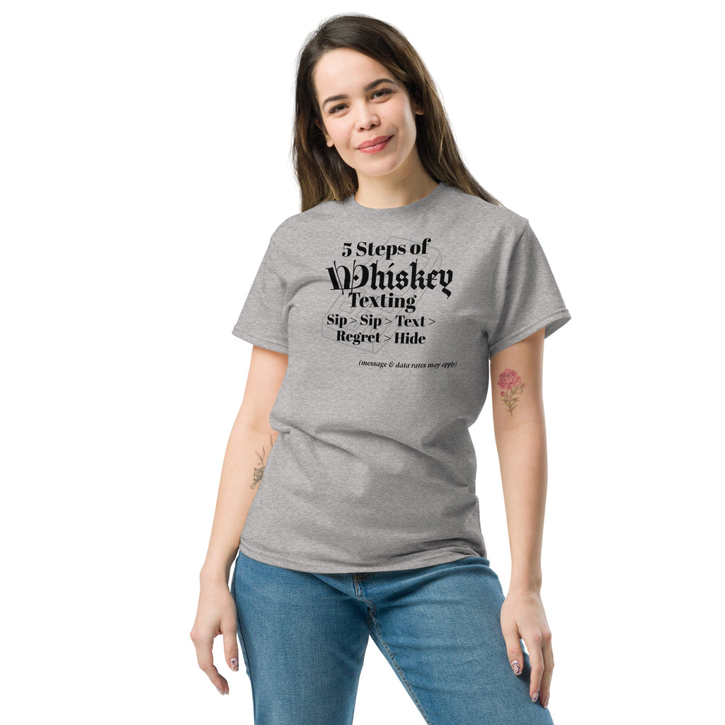 Light gray T-shirt with black text that reads: “In Vino Veritas Texting — Seemed like a good idea at 12:55 AM. Reply STOP to end the drama.” A humorous design blending wine wisdom with late-night texting culture.