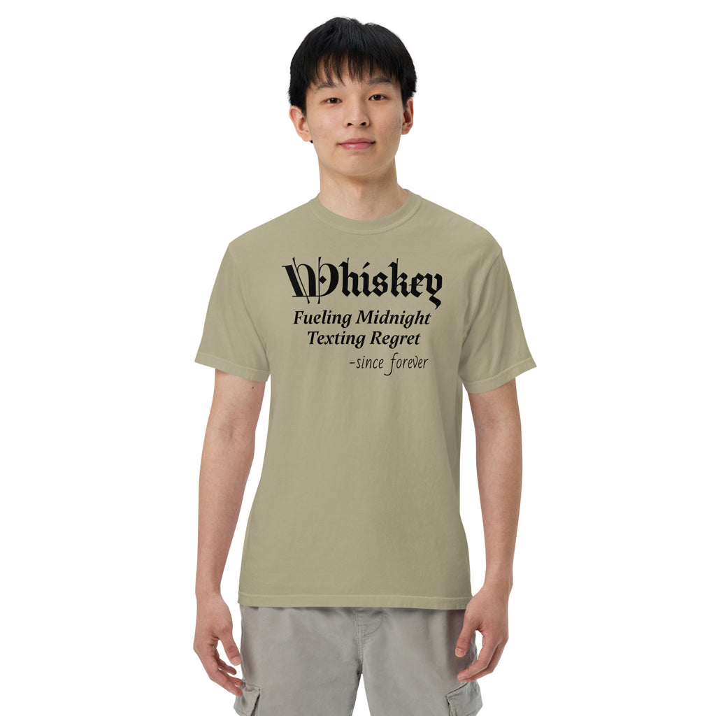  Green T-shirt with stylized text: “Whiskey – Fueling Midnight Texting Regret – since forever.” The word “Whiskey” is in a decorative font; the rest is clean and readable. A humorous design referencing whiskey’s role in late-night texting decisions.