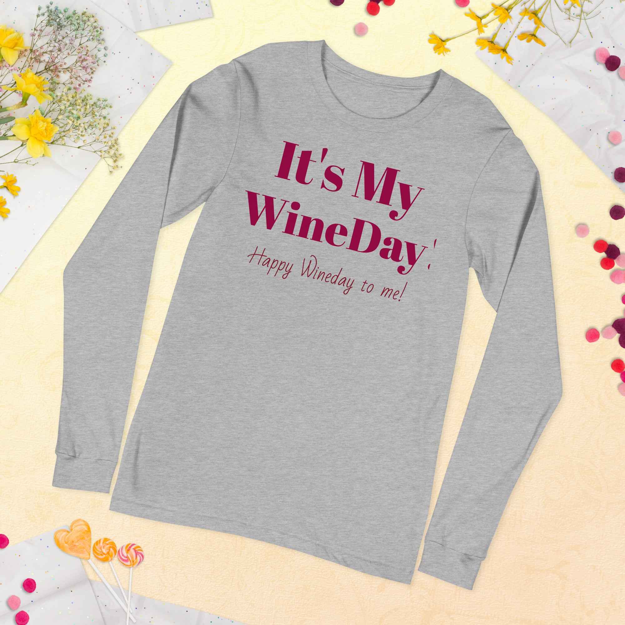 Unisex t-shirt with playful “It’s My Wineday, Happy Wineday to Me” text; styled for wine lovers celebrating solo or in tasting rooms.