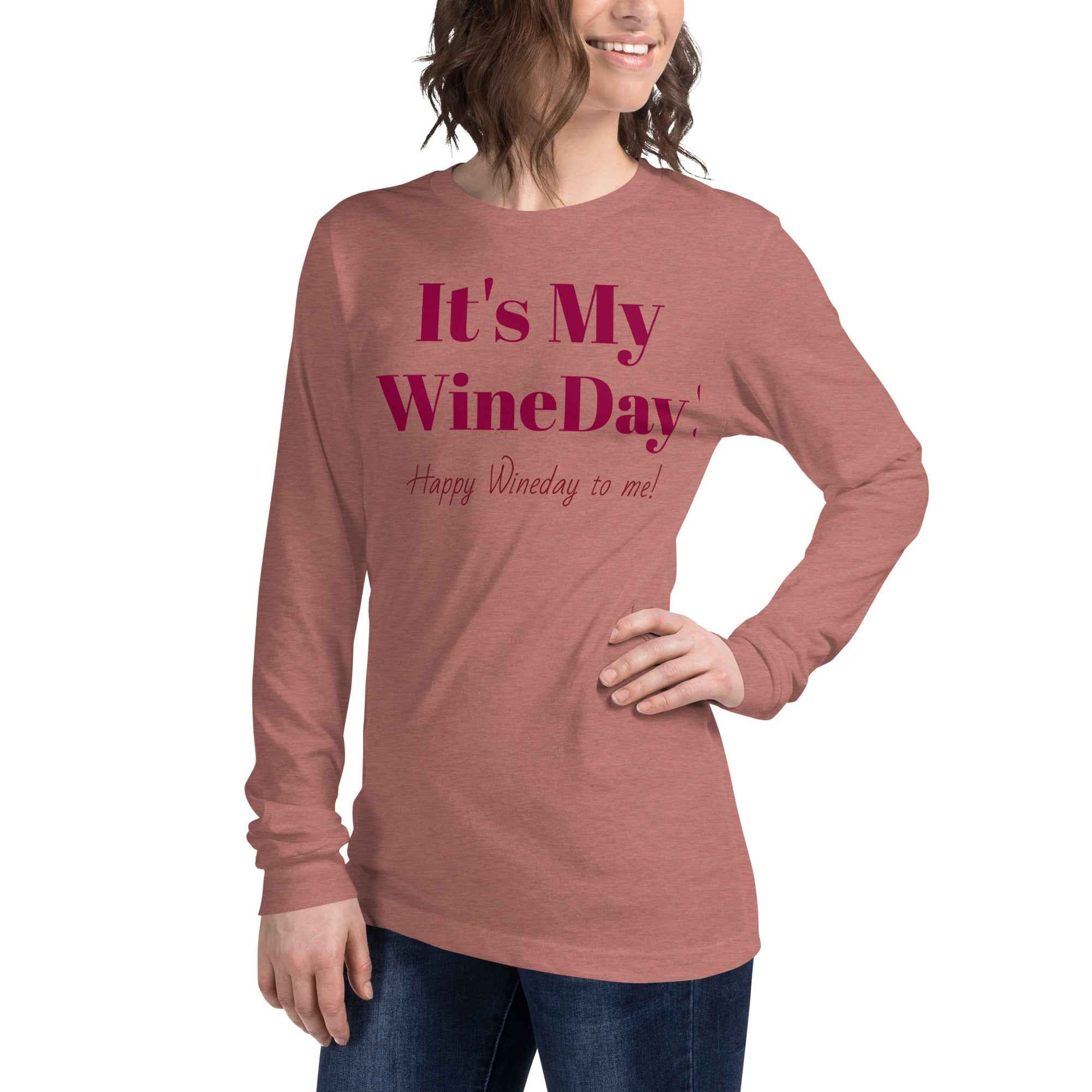 Unisex t-shirt with playful “It’s My Wineday, Happy Wineday to Me” text; styled for wine lovers celebrating solo or in tasting rooms,.