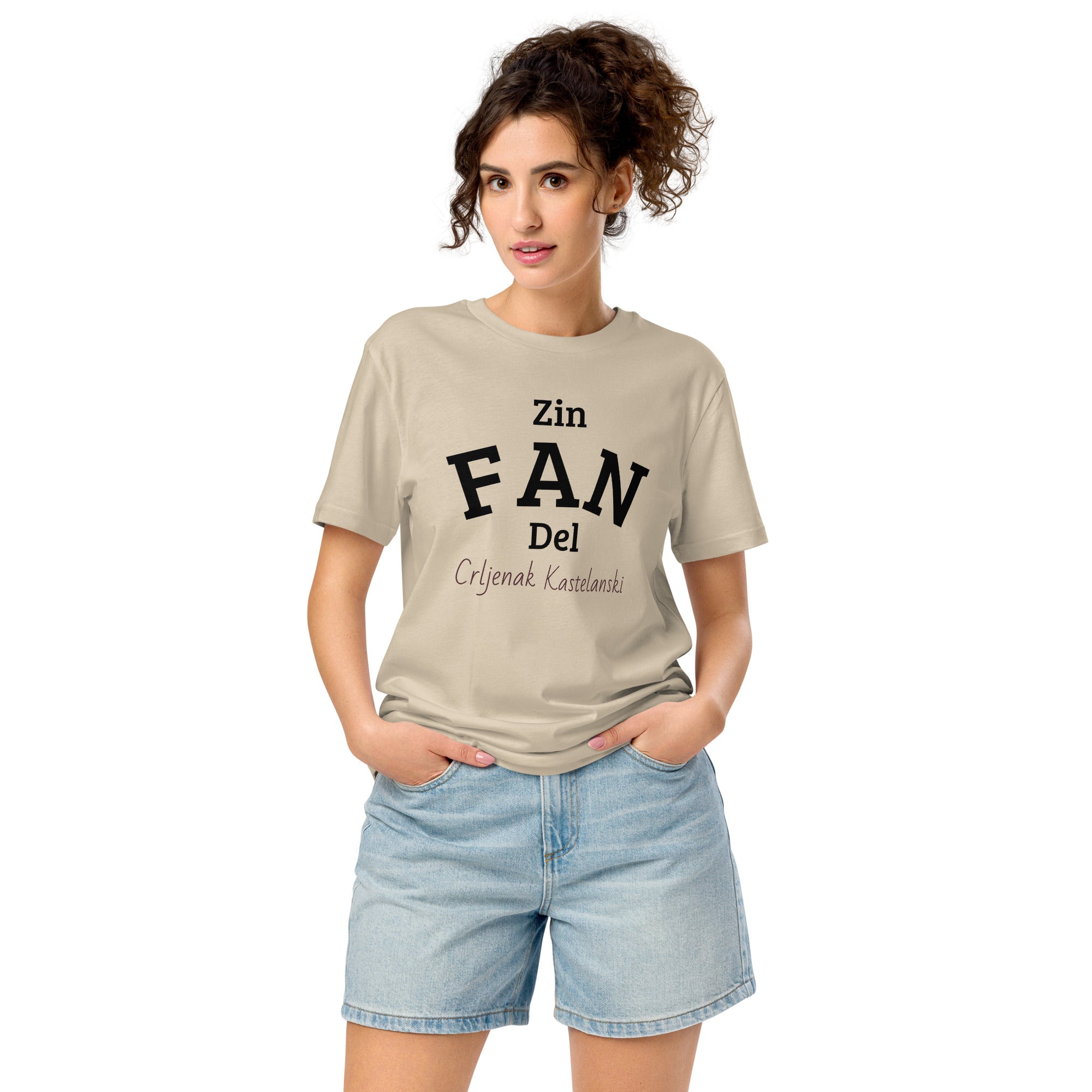 Unisex t-shirt with witty “Zin FAN del…” design referencing Zinfandel’s Croatian origin (Crljenak Kaštelanski); styled for wine lovers and heritage enthusiasts