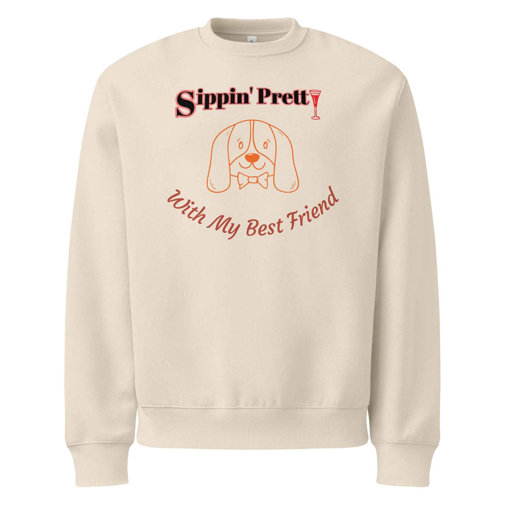 Bag & Bard heritage tee with the phrase ‘Sippin’ Pretty…With My Best Friend’—a soft cotton shirt celebrating wine rituals and loyal companionship, perfect for dog lovers and vineyard dreamers.