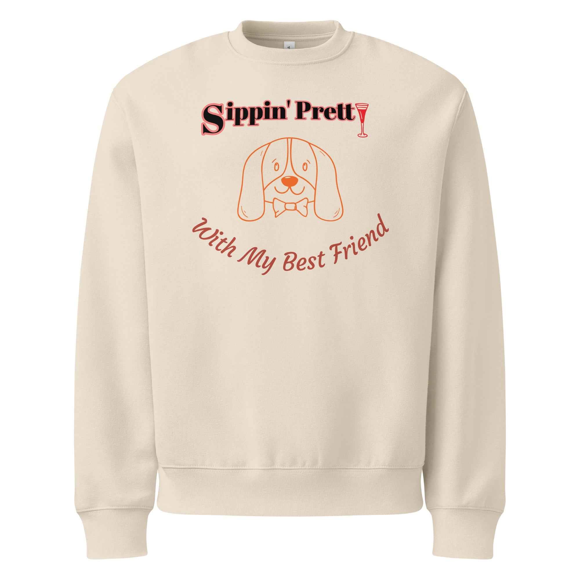 Bag & Bard heritage tee with the phrase ‘Sippin’ Pretty…With My Best Friend’—a soft cotton shirt celebrating wine rituals and loyal companionship, perfect for dog lovers and vineyard dreamers.