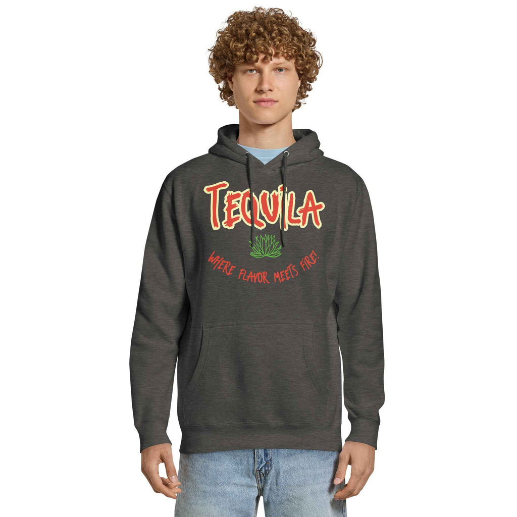 Grey Sweatshirt featuring bold red and yellow text “TEQUILA” above a green agave plant and the phrase “WHERE FLAVOR MEETS FIRE!” A vibrant design celebrating tequila’s bold spirit and fiery flavor.
