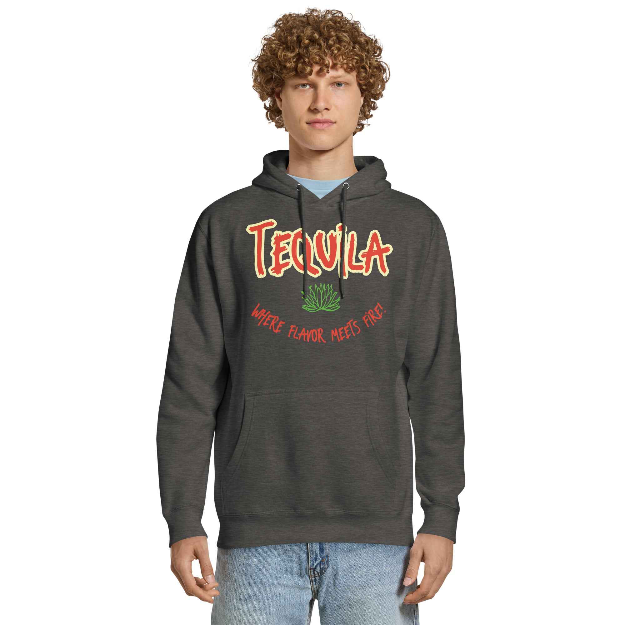 Grey Sweatshirt featuring bold red and yellow text “TEQUILA” above a green agave plant and the phrase “WHERE FLAVOR MEETS FIRE!” A vibrant design celebrating tequila’s bold spirit and fiery flavor.
