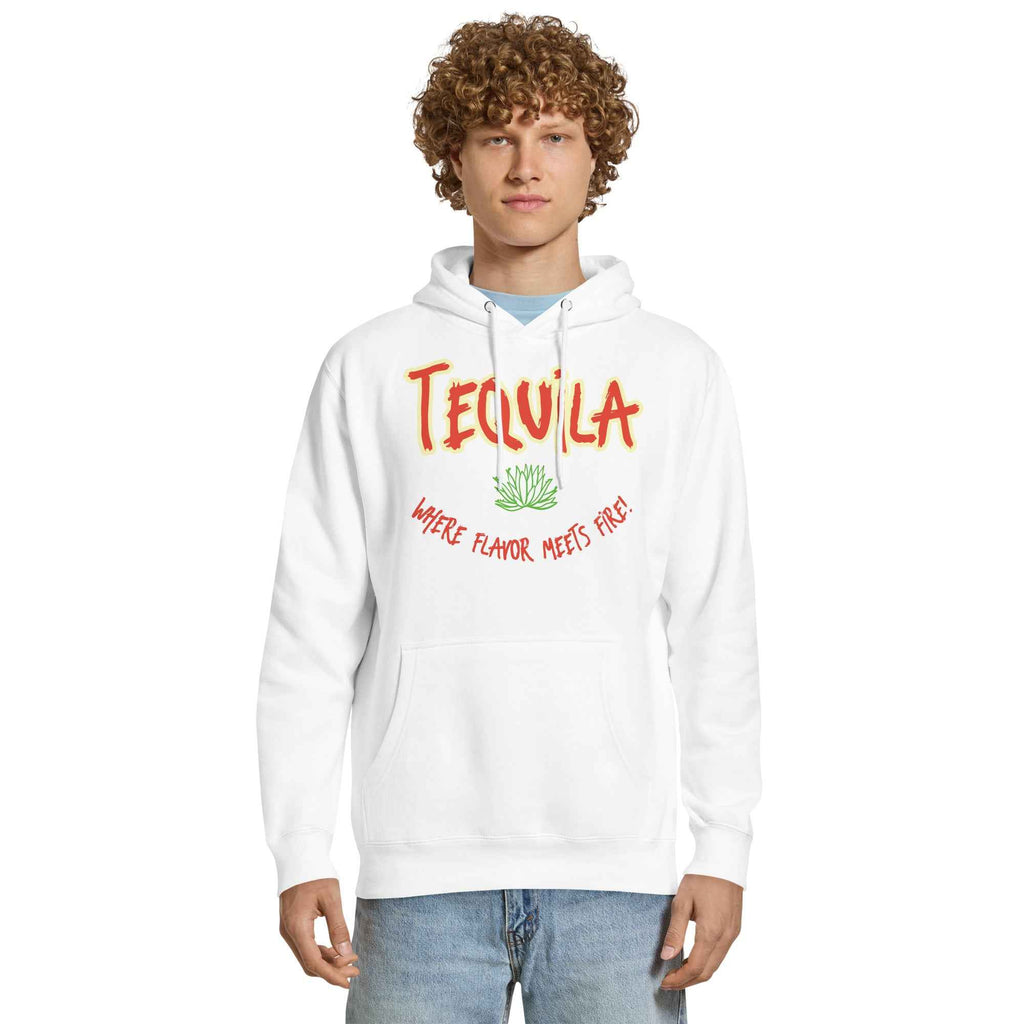 White Sweatshirt featuring bold red and yellow text “TEQUILA” above a green agave plant and the phrase “WHERE FLAVOR MEETS FIRE!” A vibrant design celebrating tequila’s bold spirit and fiery flavor.
