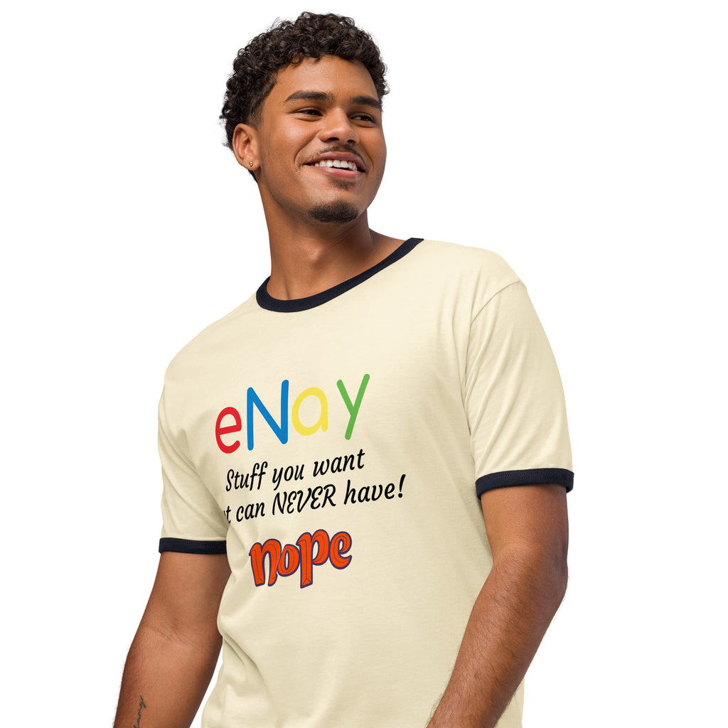 eNay™ parody shirt with red “Nope” stamp—channeling bureaucratic heartbreak and wishlist folklore in wearable form.