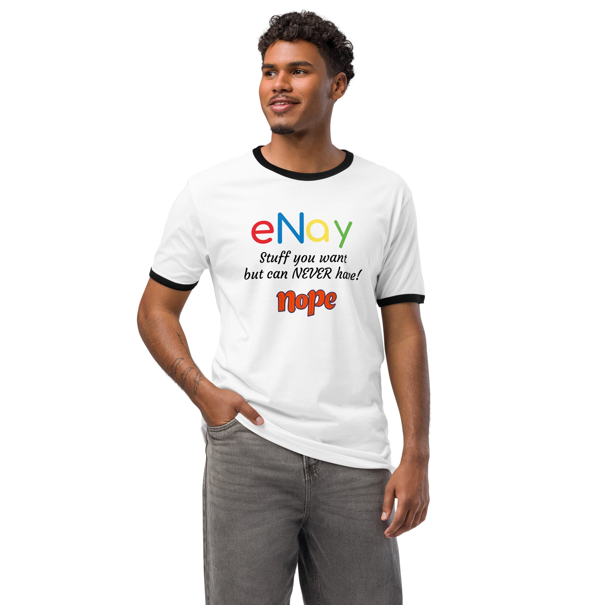 eNay™ parody shirt with red “Nope"  stamp—channeling bureaucratic heartbreak and wishlist folklore in wearable form.