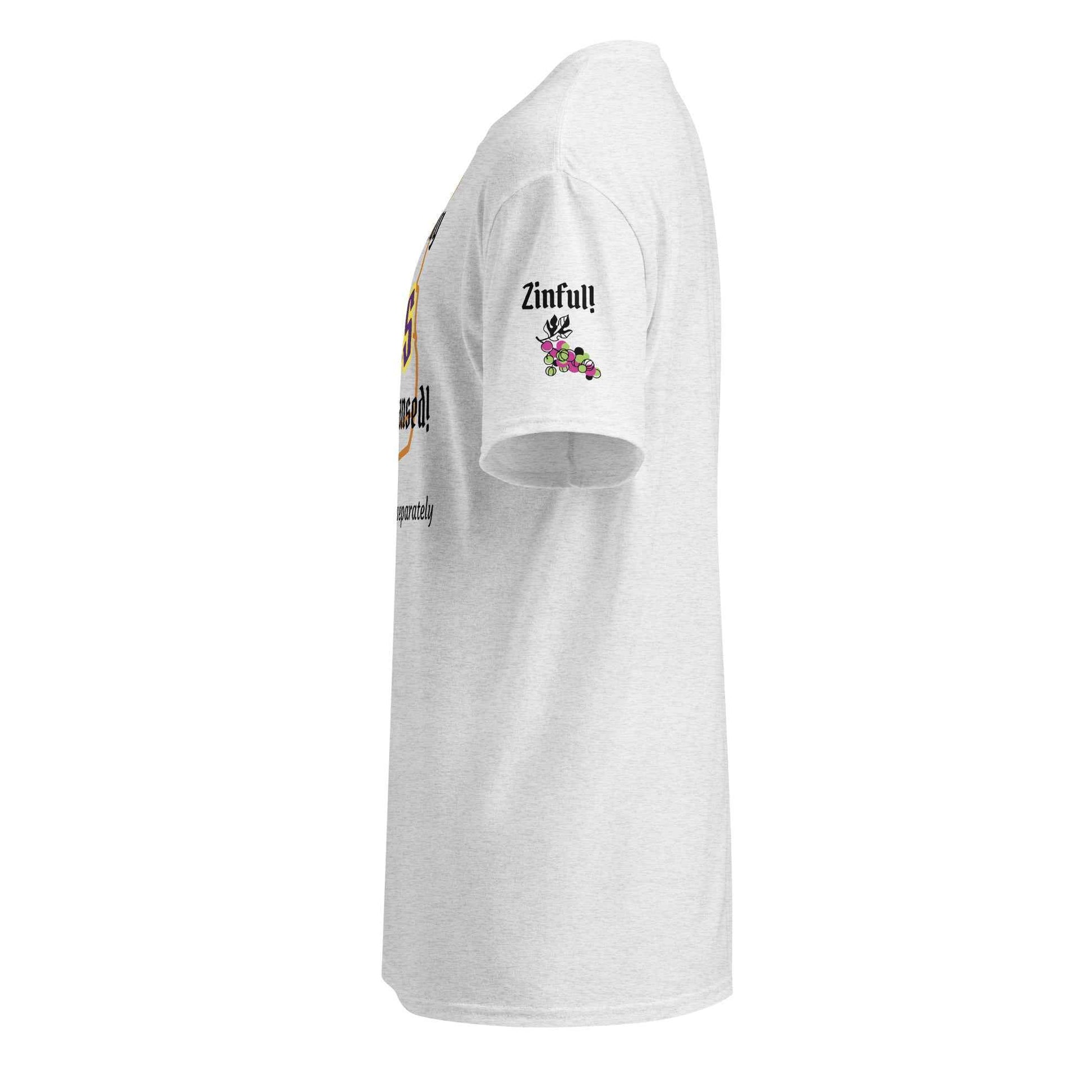 Wine-themed graphic tee with gothic lettering that reads “Confess Thy Zins and be Cleansed…indulgences sold separately,” styled for vineyard tours, tastings, and rebellious sipping rituals.