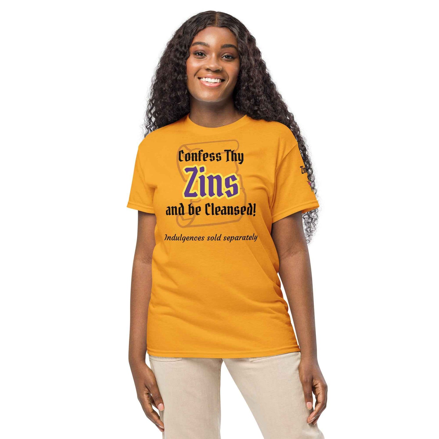 Wine-themed graphic tee with gothic lettering that reads “Confess Thy Zins and be Cleansed…indulgences sold separately,” styled for vineyard tours, tastings, and rebellious sipping rituals.