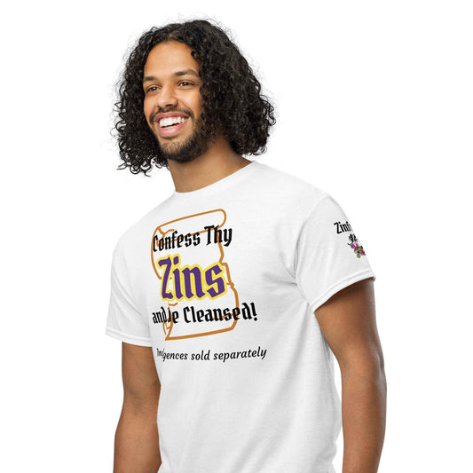Wine-themed graphic tee with gothic lettering that reads “Confess Thy Zins and be Cleansed…indulgences sold separately,” styled for vineyard tours, tastings, and rebellious sipping rituals.