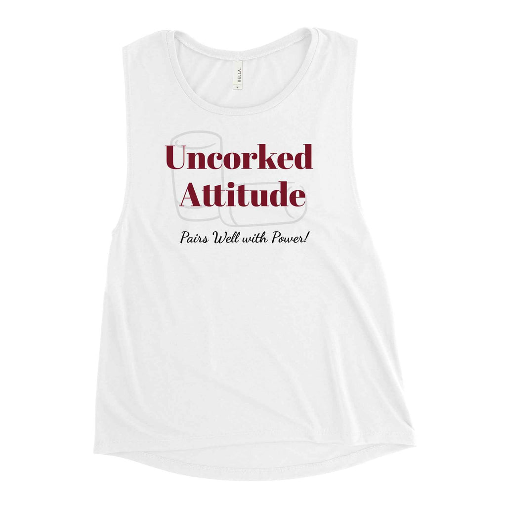 Women’s graphic tank top with bold wine-inspired slogan ‘Uncorked Attitude. Pairs Well with Power’—lightweight fit, empowering apparel for confident, vintage-loving rebels