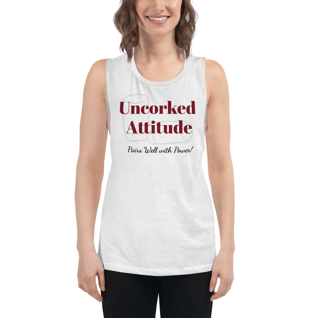 Women’s graphic tank top with bold wine-inspired slogan ‘Uncorked Attitude. Pairs Well with Power’—lightweight fit, empowering apparel for confident, vintage-loving rebels