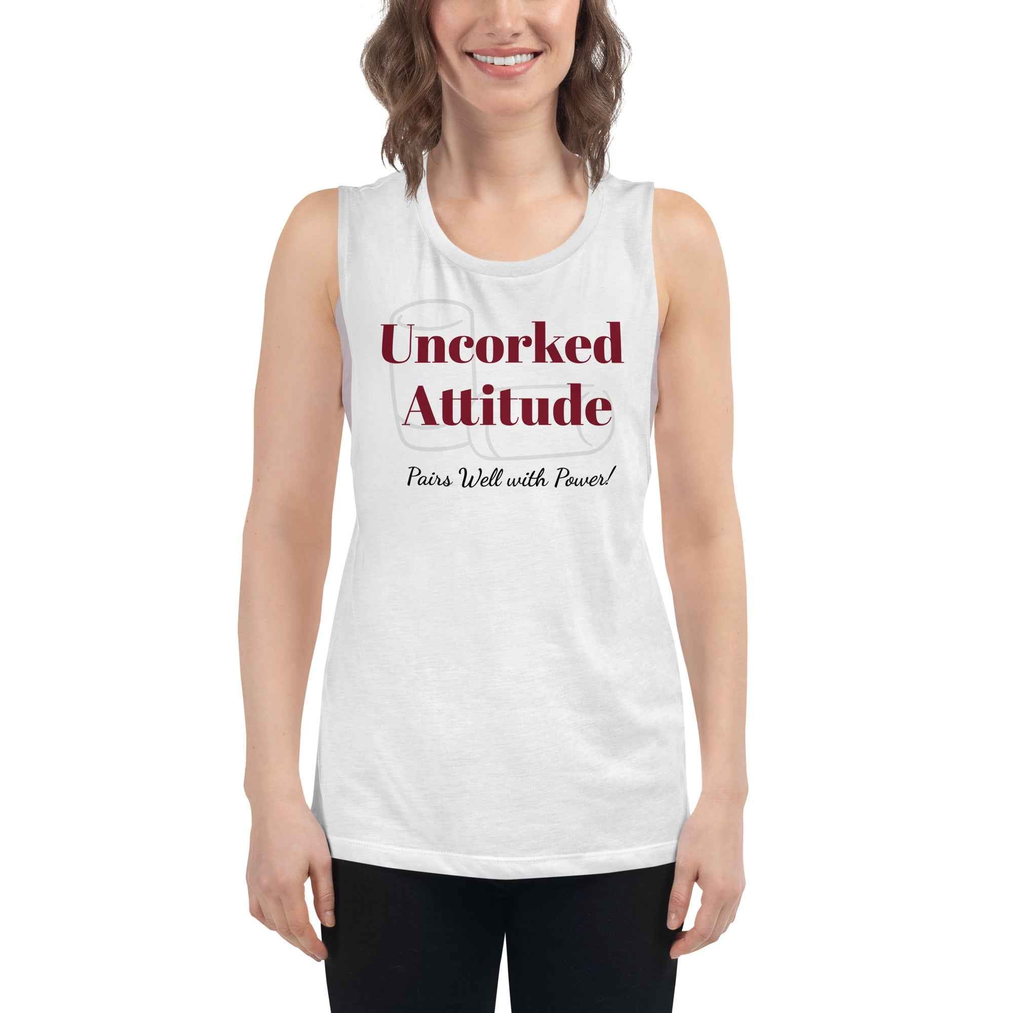 Women’s graphic tank top with bold wine-inspired slogan ‘Uncorked Attitude. Pairs Well with Power’—lightweight fit, empowering apparel for confident, vintage-loving rebels