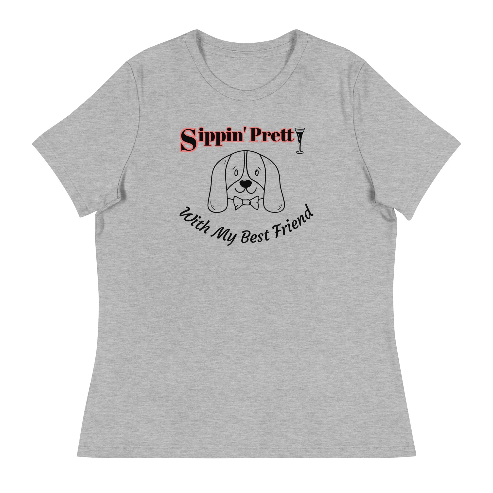 Bag & Bard heritage tee with the phrase ‘Sippin’ Pretty…With My Best Friend’—a soft cotton shirt celebrating wine rituals and loyal companionship, perfect for dog lovers and vineyard dreamers