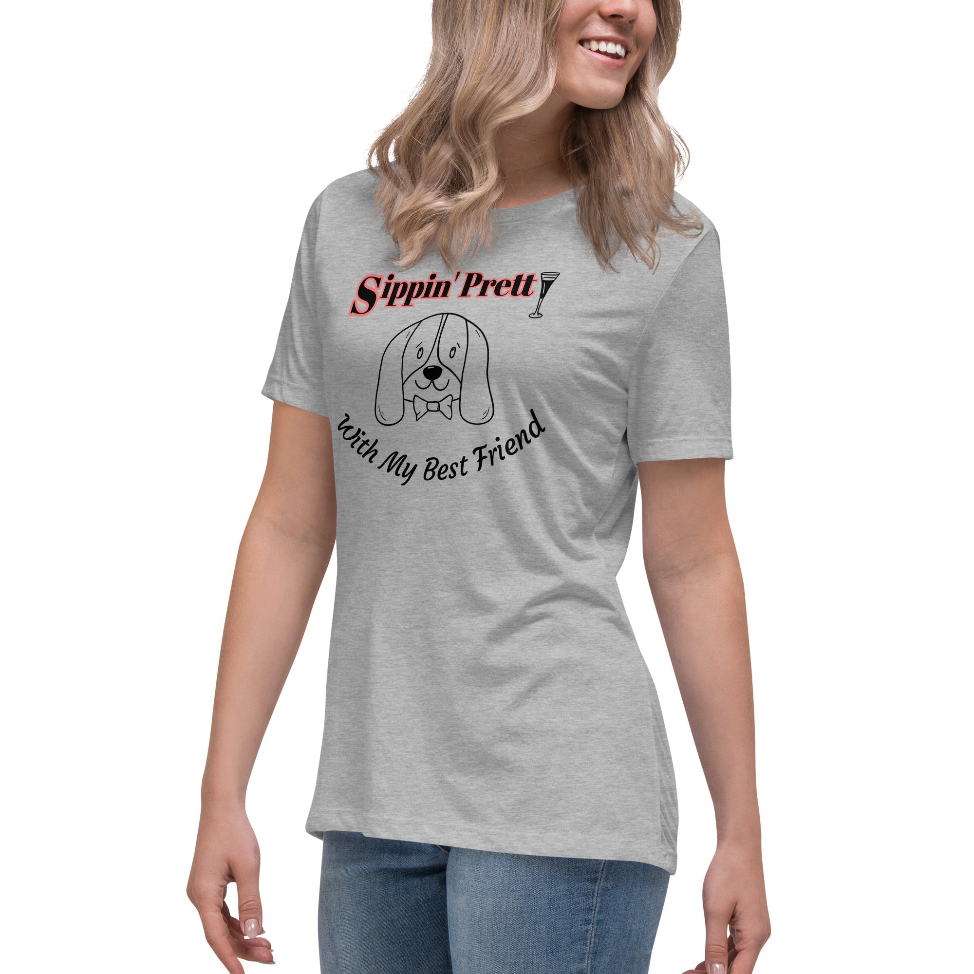 Bag & Bard heritage tee with the phrase ‘Sippin’ Pretty…With My Best Friend’—a soft cotton shirt celebrating wine rituals and loyal companionship, perfect for dog lovers and vineyard dreamers