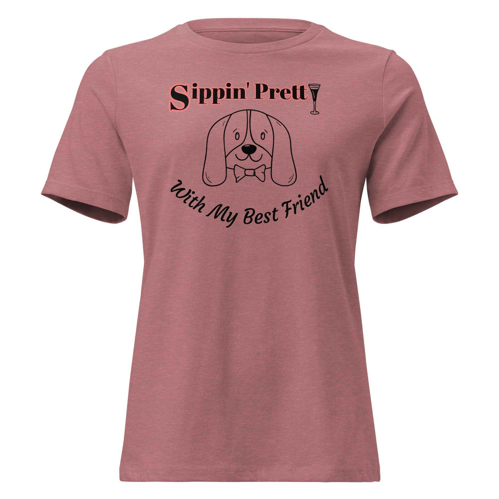 Bag & Bard heritage tee with the phrase ‘Sippin’ Pretty…With My Best Friend’—a soft cotton shirt celebrating wine rituals and loyal companionship, perfect for dog lovers and vineyard dreamers
