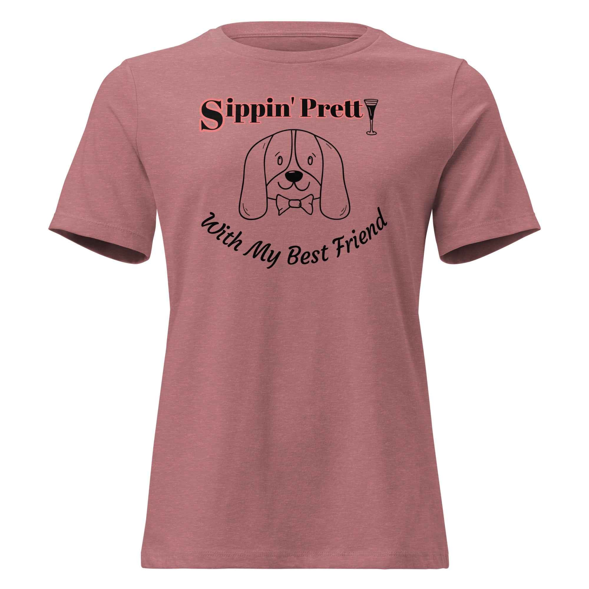 Bag & Bard heritage tee with the phrase ‘Sippin’ Pretty…With My Best Friend’—a soft cotton shirt celebrating wine rituals and loyal companionship, perfect for dog lovers and vineyard dreamers