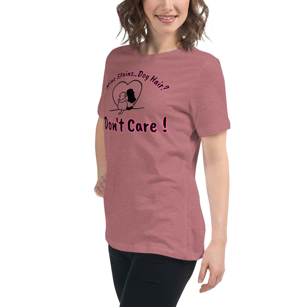 Soft cotton T-shirt with the phrase ‘Wine Stains, Dog Hair…Don’t Care’ in heritage script—a playful design celebrating messy joy, canine cuddles, and vineyard rituals.”