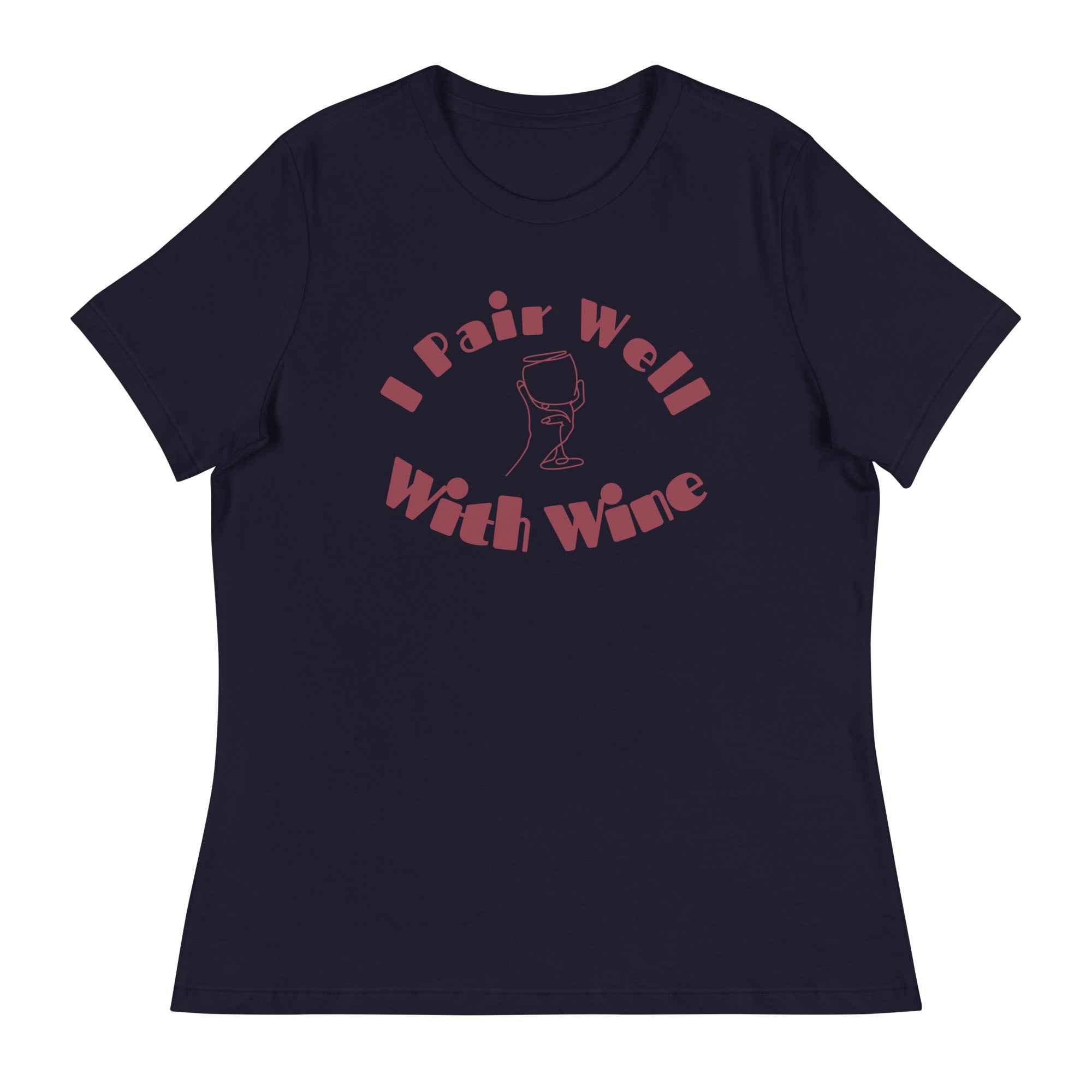 Women's t-shirt with bold “I Pair Well with Wine” text, styled for wine lovers and road trippers
