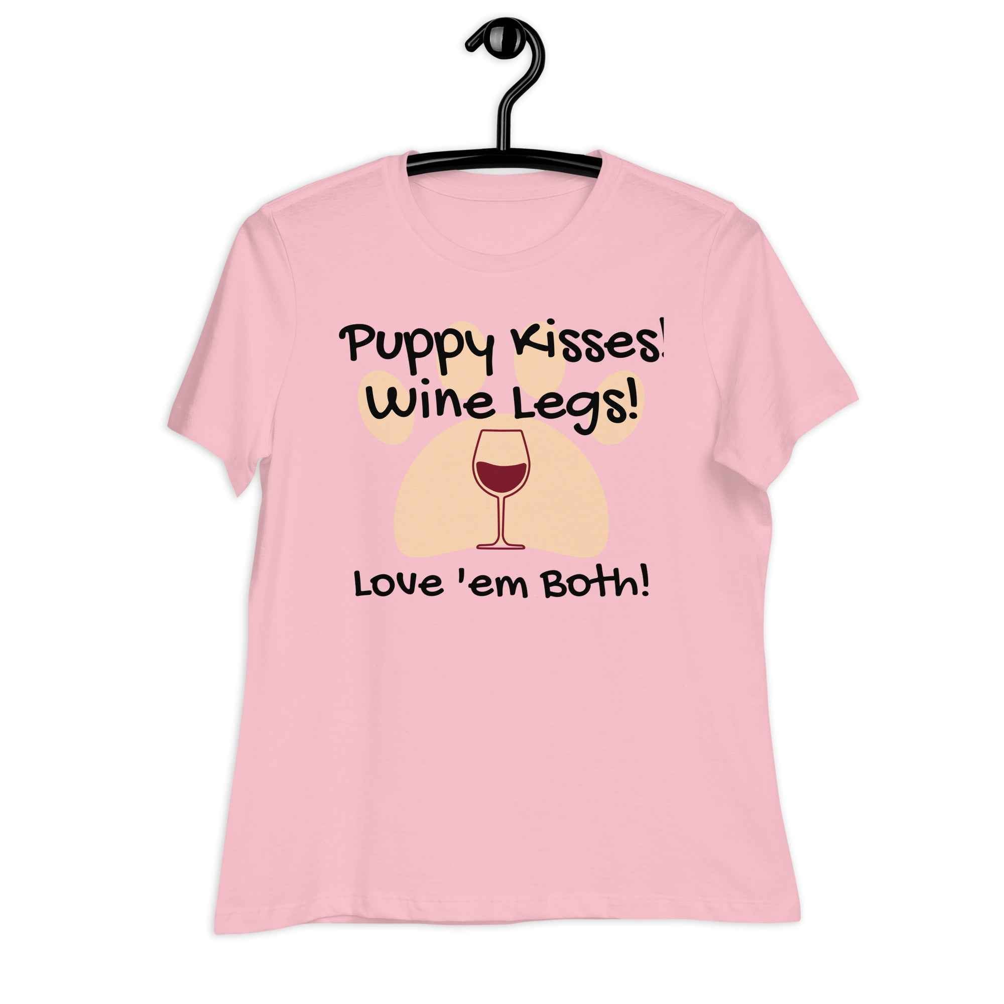 Heritage-style T-shirt with the phrase ‘Puppy Kisses, Wine Legs…Love ’Em Both’—a soft cotton design celebrating canine affection and vineyard charm, crafted for dog lovers and wine romantics.