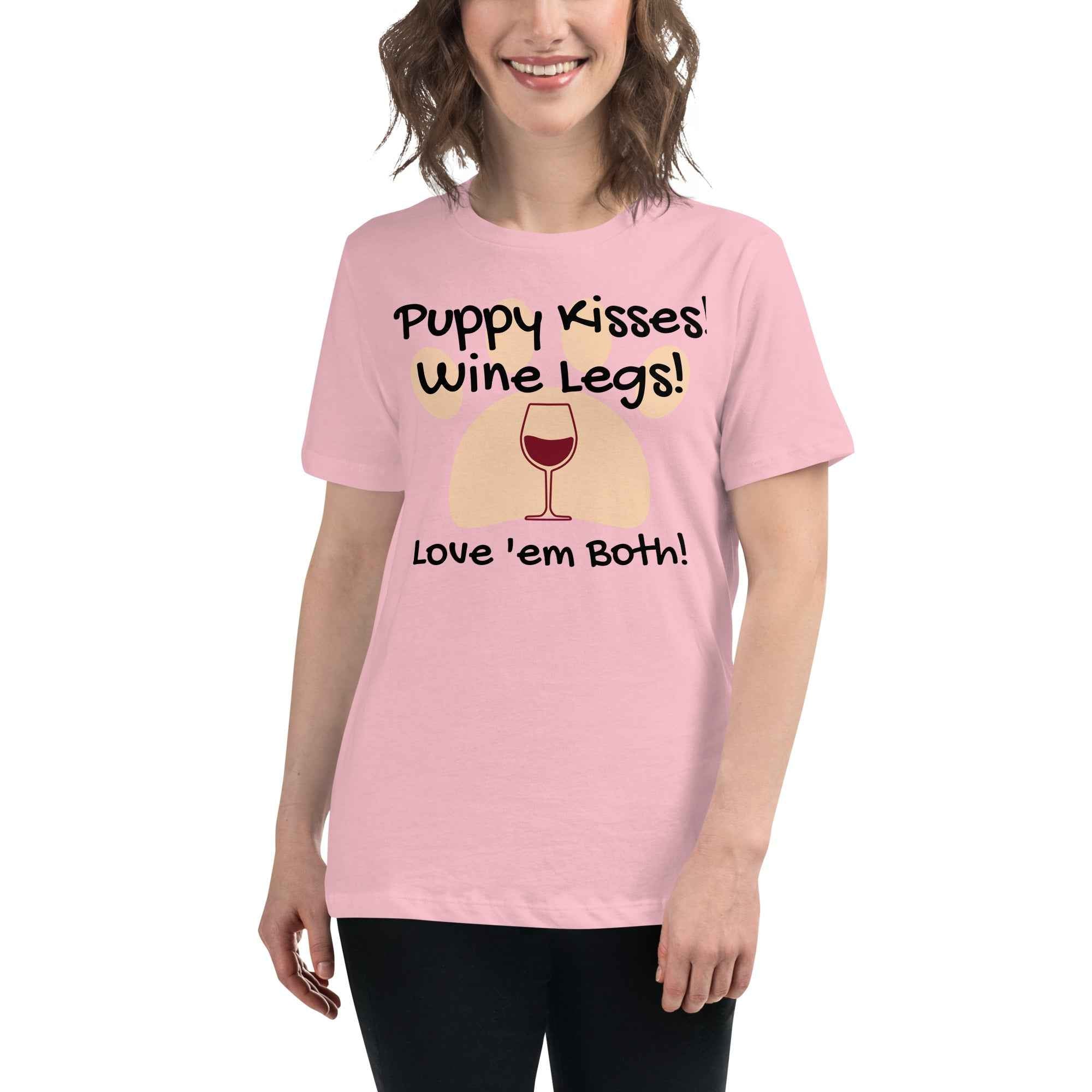 Heritage-style T-shirt with the phrase ‘Puppy Kisses, Wine Legs…Love ’Em Both’—a soft cotton design celebrating canine affection and vineyard charm, crafted for dog lovers and wine romantics.