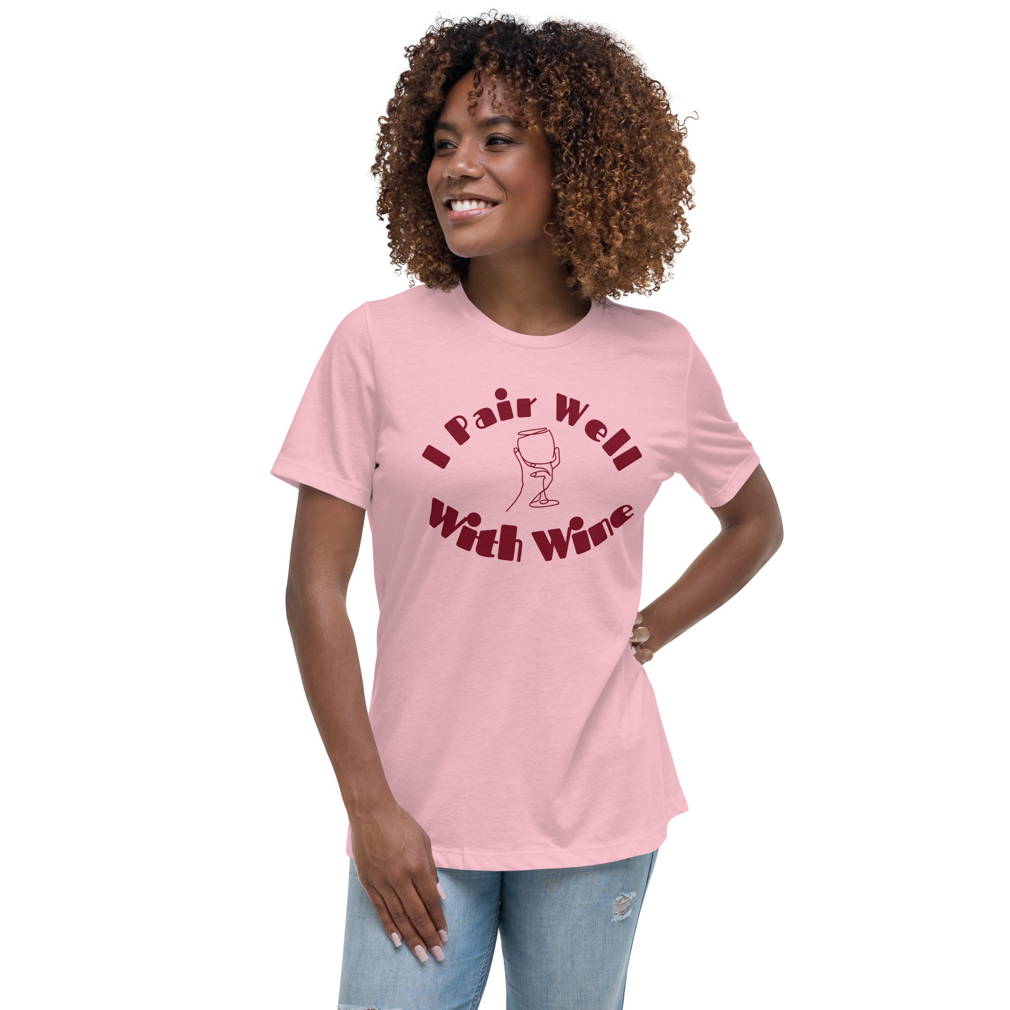 Women's t-shirt with bold “I Pair Well with Wine” text, styled for wine lovers and road trippers