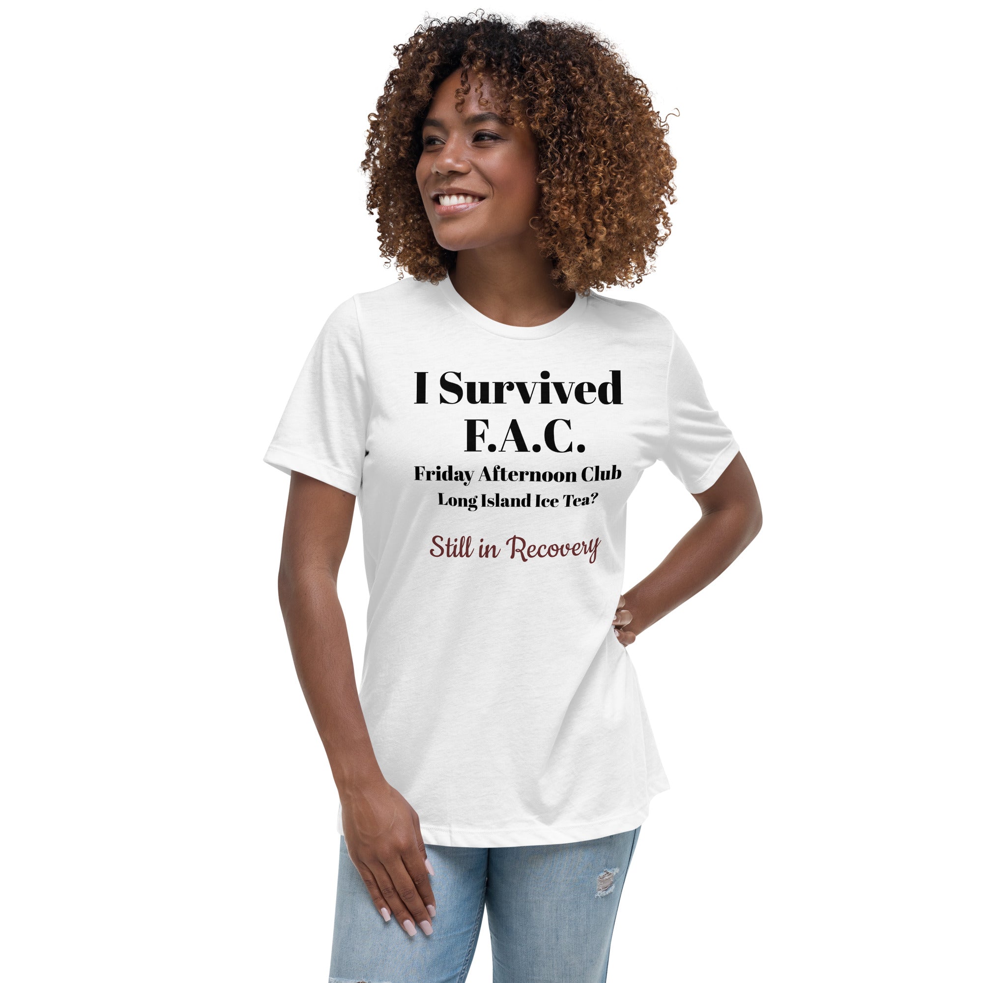 White cotton t-shirt laid flat with bold black text reading “I Survived Friday Afternoon Club – Still in Recovery.” Surrounded by wine corks, sunglasses, and a half-empty bottle, evoking post-party resilience and weekend rituals.
